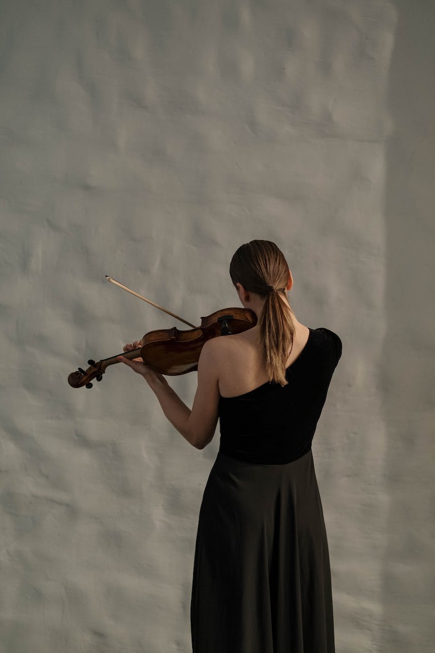 back view of a woman in black dress playing a violin